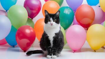 ai genererad svart och vit katt på färgrik ballong fest, vit bakgrund foto