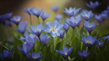 ai genererad defocused miljö skapar mild bakgrund för fantasi blå blommor foto