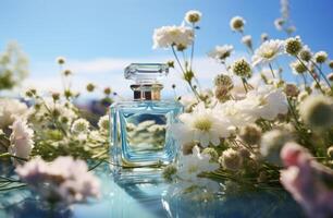ai genererad en parfym flaska placerad atop en säng av blommor, frammanande elegans och doft foto