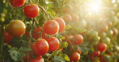 ai genererad solljus på tomater på en bruka foto