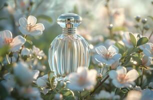 ai genererad en parfym flaska Sammanträde på topp av blommor foto