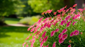 ai genererad ram suddig sommar trädgård parkera bakgrund med dianthus blommor, trädgårdsarbete foto