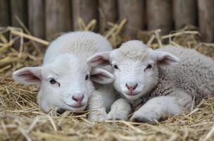 ai genererad nyfödd lamm vilar tillsammans foto