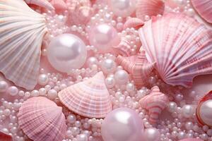 ai genererad rosa pärlor och snäckskal bakgrund, rosa pärlor och snäckskal tapet, rosa pärlor bakgrund, ljus rosa snäckskal tapet, ai generativ foto