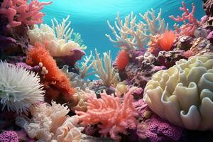 ai genererad korall rev tapet, hav blomma färgrik korall rev foto