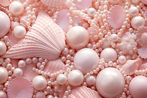 ai genererad rosa pärlor och snäckskal bakgrund, rosa pärlor och snäckskal tapet, rosa pärlor bakgrund, ljus rosa snäckskal tapet, ai generativ foto