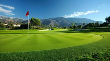 ai genererad lugn golf kurs med en röd flagga och berg bakgrund foto