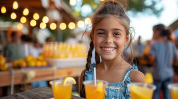 ai genererad leende flicka njuter färsk citronsaft på en sommar rättvis foto