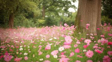 ai genererad rosa blommor fält Nästa till träd foto