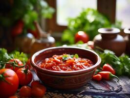 ai genererad utsökt mexikansk salsa sås i en mexikansk skål med grönsaker och greener. traditionell mat, latin amerikansk, mexikansk kök. närbild, bakgrund med bokeh effekt. foto