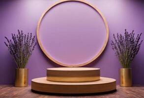 ai genererad 3d trä- podium med lavendel- Färg bakgrund för lugnande produkt visa foto