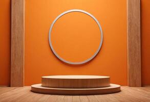 ai genererad orange färgad bakgrund med trä- podium. produkt visa. tömma trä- monter, stå, plattform foto