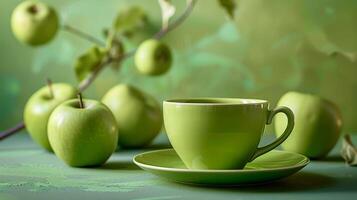 ai genererad en grön kopp med en grön fat på en grön bakgrund med grön äpplen foto