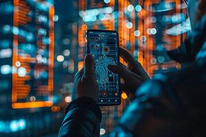 ai genererad en person interagerar med en trogen digital Karta på deras smartphone, symboliserar navigering och teknologi i ett urban foto