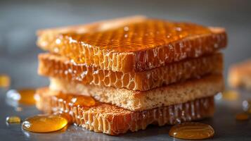 ai genererad färsk honung med rostat bröd kex på en vit bakgrund foto