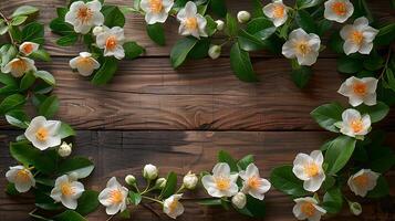 ai genererad jasmin blommor på en trä- tabell foto