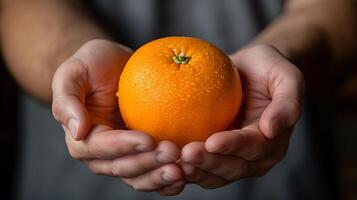 ai genererad två händer innehav färsk gott orange frukt foto