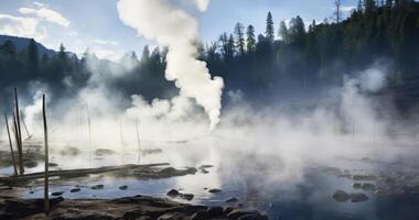 ai genererad de avkopplande atmosfär skapas förbi de stigande dimma av en varm vår foto