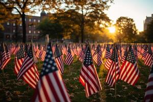 ai genererad en hav av amerikan flaggor planterade i en parkera för en patriot dag minnesmärke visa. generativ ai foto