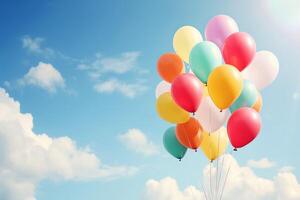 ai genererad färgrik ballonger flytande mot en klar himmel, symboliserar hoppas och positiv energi. generativ ai foto