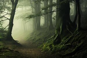 ai genererad de lugn stillhet av en dimmig skog. generativ ai foto