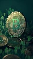 ai genererad crypto rikedom mynt med bitcoin symbol på en grön bakgrund vertikal mobil tapet foto