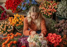 ai genererad ung blond med blomma bukett foto