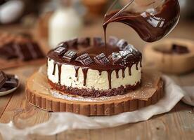 ai genererad choklad häller över kaka, droppande topp foto