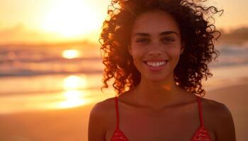 ai genererad strålnings leende på solnedgång strand foto