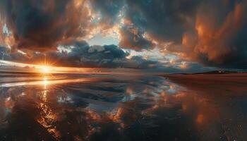 ai genererad dramatisk solnedgång på de strand med molnig himmel foto