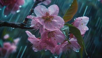 ai genererad makro skott av regndroppar på rosa körsbär blomma blommor med en suddig bakgrund foto