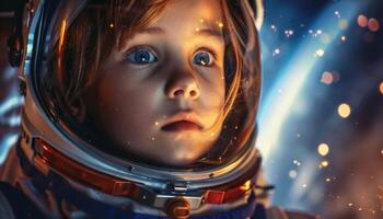 ai genererad imponerande Plats äventyr ung barn astronaut foto