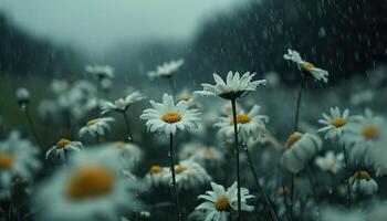 ai genererad vit daisy med regndroppar i en lynnig, naturlig miljö foto