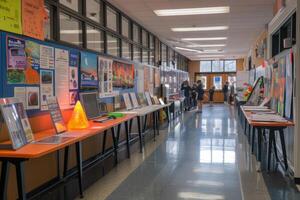 ai genererad en skola korridor livliga med de energi av en vetenskap rättvis foto