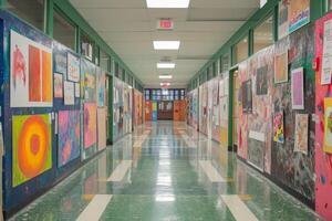 ai genererad en skola hall förvandlas in i en provisorisk konst Galleri foto