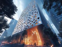 ai genererad en samtida kontor torn med ett innovativ Fasad design, terar geometrisk mönster, kinetisk element foto