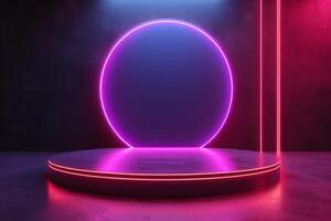 ai genererad en minimalistisk podium Utsmyckad med neon belysning foto