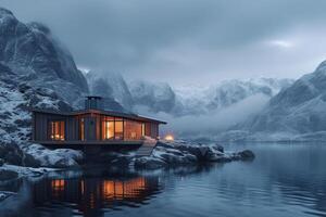 ai genererad en havet chalet inbäddat mitt i snötäckt bergen och isig fjordar foto