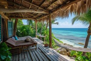 ai genererad en Halmtak bungalow inbäddat bland handflatan träd på en avskild tropisk strand foto