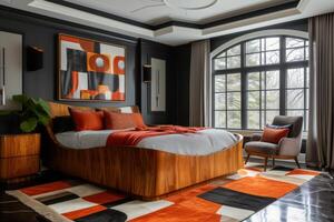 ai genererad konst deko-inspirerad sovrum med specialbyggd möbel foto