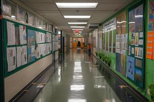 ai genererad en skola korridor under en hållbarhet rättvis foto