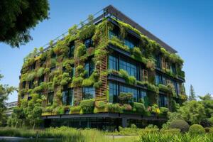 ai genererad en hållbar företag parkera terar kontor byggnader foto