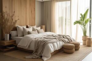 ai genererad en minimalistisk stil sovrum oas, terar minimalistisk möbel mönster foto