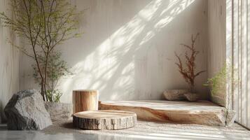 ai genererad en minimalistisk podium med en naturinspirerad estetisk foto