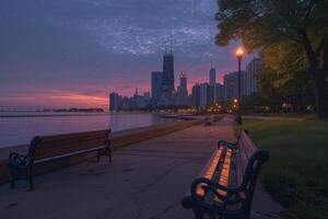 ai genererad de chicago stad horisont på gryning, foto
