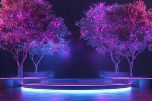 ai genererad en podium terar neon träd den där puls och skimmer med energi foto