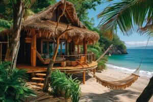 ai genererad en Halmtak bungalow inbäddat bland handflatan träd på en avskild tropisk strand foto