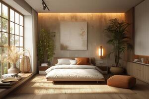ai genererad en minimalistisk stil sovrum oas, terar minimalistisk möbel mönster foto
