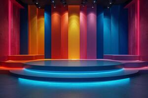 ai genererad en minimalistisk podium med en lekfull dyka upp Färg tema foto