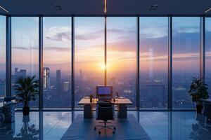ai genererad en modern kontor torn erbjudande sotning visningar av de stadsbild från ovan foto